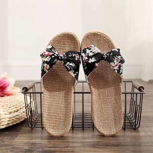 2024 Women Slippers Flip Flops Female Bowknot Sweet Shoes Flax Beach Linen Slippers Shower Quick Drying Leisure Ladies Slippers
